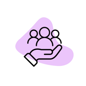 Man sieht ein Icon vor rosa Hintergrund. Das Icon zeigt eine offene Hand darin drei Personen.