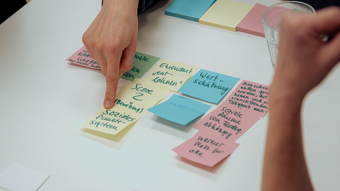 Zu sehen sind bunte Post-its mit Keywords wie Ehrenamt und Wertschätzung - Wozu brauchen wir soziale Innovationen?
