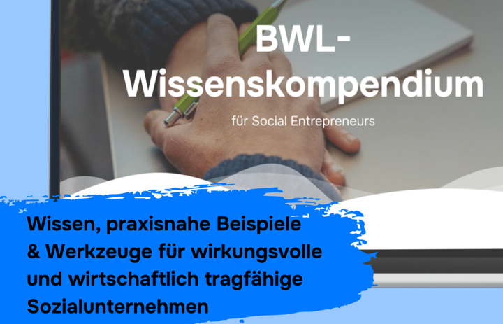 Man sieht im Hintergrund einen Laptop, der die Seite zum BWL-Wissenskompendium zeigt. Im Vordergrund ein ein blauer Farbbanner. - Link: Hier findet ihr das BWL-Wissen, das euch fehlt