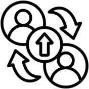 Das Icon zeigt zwei Personen die durch dicke Pfeile miteinander verbunden sind. In der Mitte ist ein Pfeil, der nach oben zeigt.