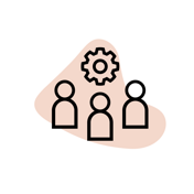 Das Icon zeigt drei Personen vor einem orangenen Hintergrund. Über ihnen ist ein Zahnrad zu sehen.