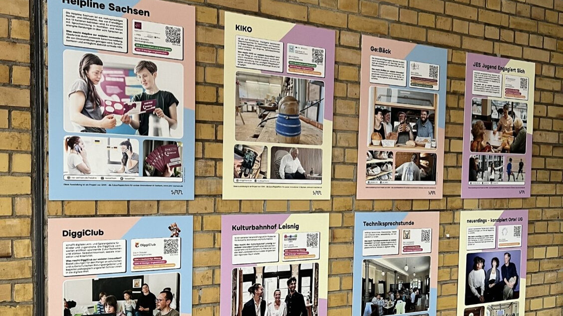 Mehrere bunte Plakate hängen an einer Steinwand. Auf den Plakaten sind Bilder und Text zu sehen. - Wanderausstellung „Soziale Innovationen in Sachsen" ist gestartet