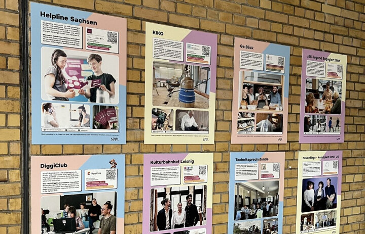 Mehrere bunte Plakate hängen an einer Steinwand. Auf den Plakaten sind Bilder und Text zu sehen. - Link: Wanderausstellung „Soziale Innovationen in Sachsen" ist gestartet
