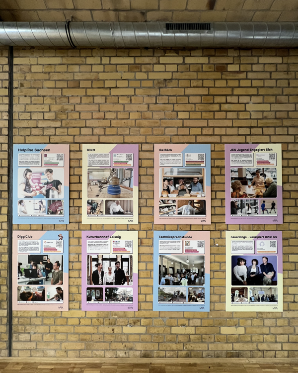 Auf dem Bild sind mehrere Plakate zu sehen, die Teil der Wanderausstellung von SINN Sachsen zu sozial innovativen Projekten sind.