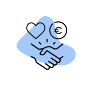 Das Icon zeigt zwei Hände, die sich schütteln. Darüber ist ein Herz und ein Geldstück zu sehen.