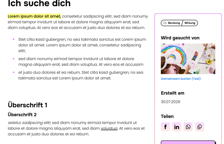 Das Bild zeigt ein Profil. Oben steht: Ich suche dich. An der Seite ist ein buntes Bild zu sehen. - Link: Gesuche: Neue Plattform-Funktion
