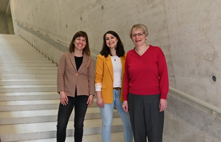 Drei Frauen stehen nebeneinander auf einer Treppe. Sie lächeln in die Kamera - Link: Das Innovations-Sofa. Diesmal mit dem Team von von Mittelsachsen Sozial